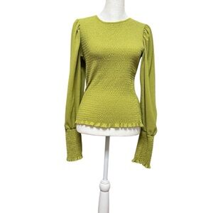 Anthropologie Green Smocked and Puff Long Sleeve Top